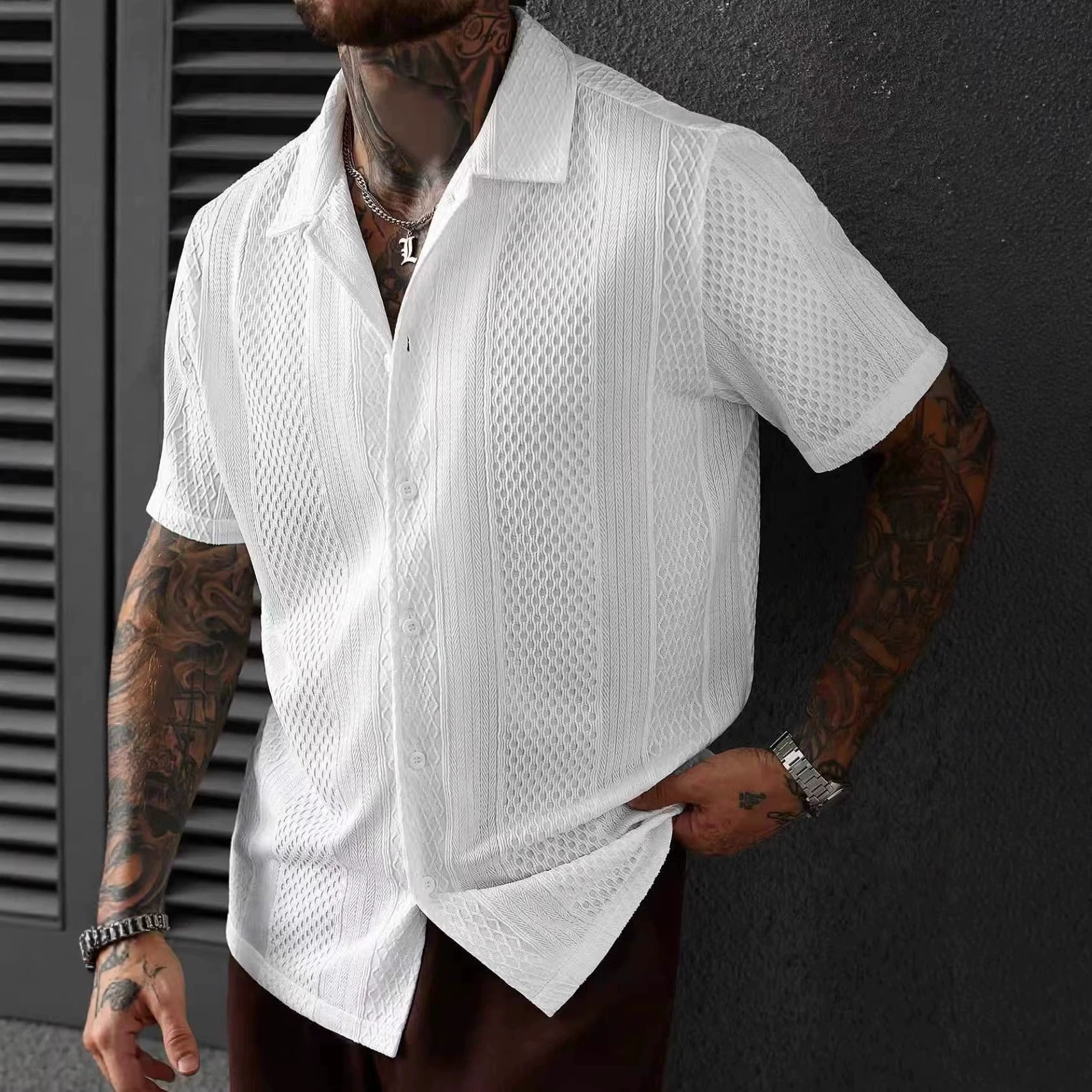 ID:21705 - Knitted hollow French lapel breathable summer shirt